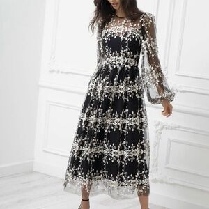 Black and White Long Sleeve Gown with Bishop Sleeves